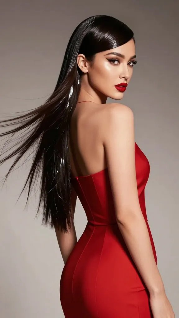 A high-resolution, studio-quality portrait of a glamorous female celebrity with long, glossy hair styled into an edgy asymmetrical pony, sweeping to one side and secured low and off-center at the nape, with a mirror-like gloss finish catching soft, directional lighting. She stands against a neutral, subtle gradient backdrop that enhances the glossy sheen, wearing a sleek, modern red carpet gown in a solid bold color and minimal accessories to keep focus on the hairstyle. A discreet undercut peek is visible at the temple, adding a hint of edge, while her makeup features a bold lip and clean, luminous skin. The overall mood is futuristic, chic, and fashion-forward, capturing a moment of confident, offbeat glam suitable for a red carpet. No text on the image.