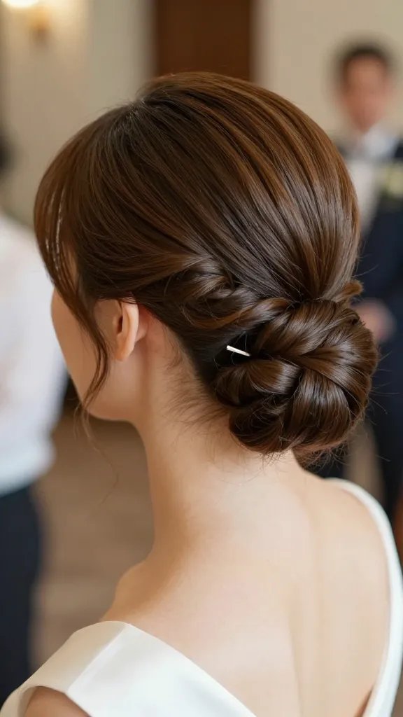 A realistic, high-quality close-up portrait of a bride at a wedding venue, showcasing a classic low bun with a modern twist: a sleek, low chignon seated at the back of the head with a few face-framing tendrils and a subtle braided accent peeking out, with the hair styled to appear polished and secure. The subject&rsquo;s hair is glossy and smooth, with a light, natural shine, and a delicate decorative pin or tasteful accessory subtly placed at the back to pin the look. The hairstyle should be the focal point, set against a softly blurred wedding ceremony background in warm, romantic lighting, capturing a candid, confident expression that conveys elegance and timelessness. The overall aesthetic is refined, with natural makeup, soft tones, and a sense of celebration in the air, ensuring no visible text on the image.