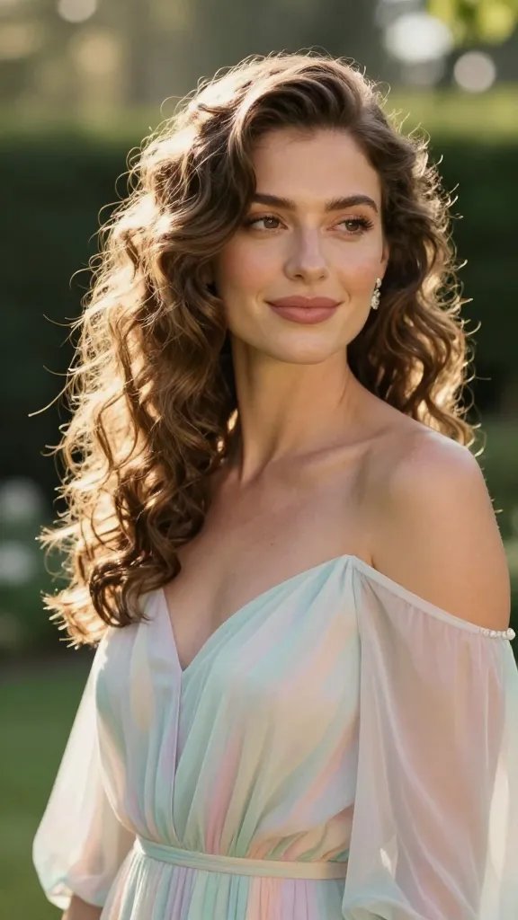 Create a high-resolution, realism-full photo of a confident, stylish wedding guest with soft romantic coastal curls that look airy and effortless. The subject is a single woman with light, sun-kissed skin and delicate features, wearing a flowing pastel-colored dress suitable for spring, softly off-shoulder to showcase gentle curl movement. Her hair features loose, natural waves with subtle direction changes to create a sense of movement, as if blown by a light breeze. The styling suggests an effortless, non-heat approach with the appearance of overnight braids transformed into smooth waves. She is outdoors in a lush garden setting with soft bokeh lights in the background, wearing elegant statement earrings (not overpowering) and a light, dewy makeup look that enhances facial features. The lighting is natural, golden hour, casting a warm glow and soft shadows. The composition focuses on her from the shoulders up, capturing the texture and sheen of the curls, the relaxed pose, and a gentle, approachable smile. No text on the image.