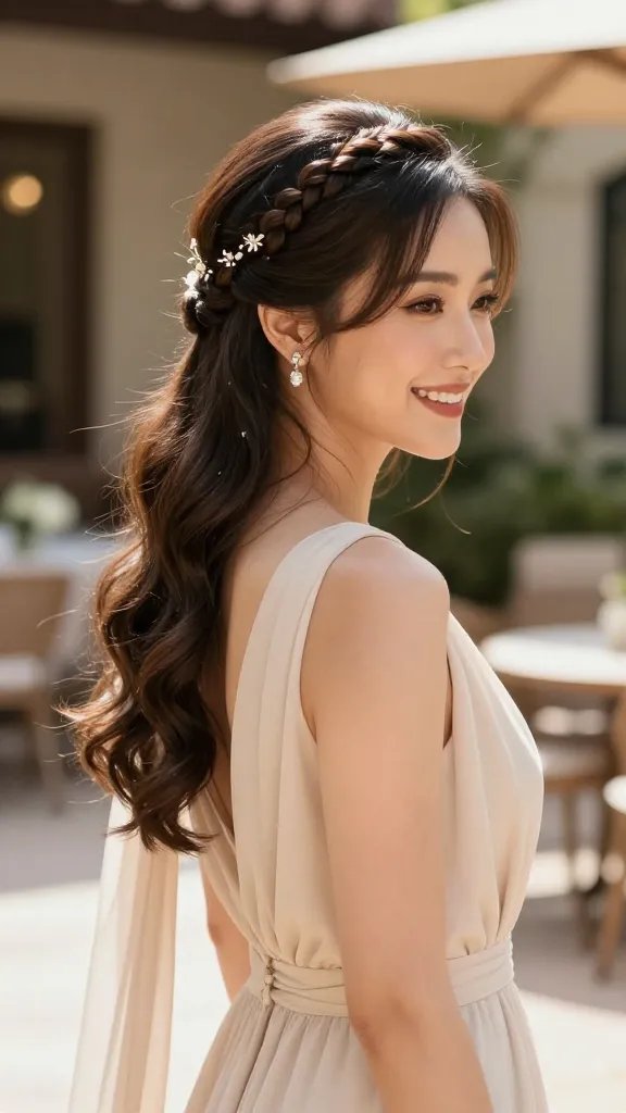 A high-resolution, realistic photo of a smiling wedding guest wearing a chic half-up hairstyle with braided accents. The main subject is a stylish adult woman at a formal wedding, posed outdoors on a sunlit terrace with soft bokeh lights in the background. Her hair is long and glossy, styled in a half-up look with a thin crown braid woven near the temples and a delicate fishtail braid integrated into the half-up section. Face-framing wisps gently soften her features. A pretty, elegant hairpin secures the halfway point, adding a subtle sparkle. She wears bold earrings and a flowing, elegant formal dress in a complementary color, with movement suggested by a light breeze. The overall lighting is natural and flattering, capturing intricate hair details, textures, and a polished, glamorous yet practical hairstyle suitable for a wedding setting. No text on the image.