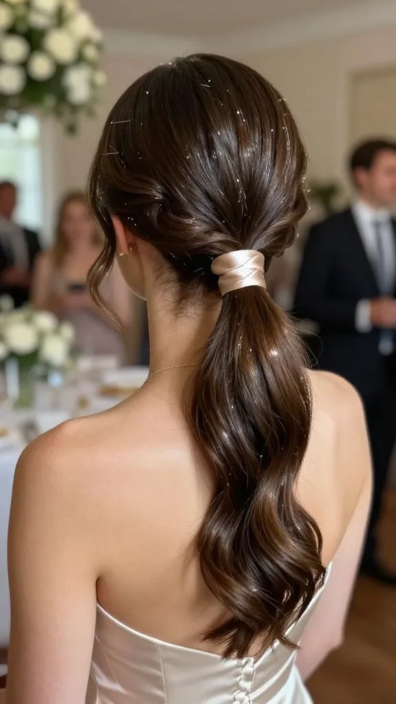 Create a high-resolution, realistic photo of a wedding guest with a sleek, low ponytail featuring a satin ribbon tie. The main subject is a stylish, radiant guest standing indoors at a wedding venue with soft, flattering lighting. The hair is perfectly glossy and smooth, gathered into a neat low pony at the nape of the neck, secured with a strengthened hair tie, and wrapped with a satin ribbon around the base for a seamless finish. Subtle bobby pins secure stray hairs, with a light-reflective serum giving the pony a high-shine look. The ribbon color complements the guest&rsquo;s elegant dress, which is visible in sophisticated, festive tones. The scene should convey a modern, camera-ready vibe suitable for a wedding photo booth, with the subject mid-smile or looking slightly off-camera, natural makeup, and a soft bokeh background of wedding decor and guests in formal attire. No text on the image.
