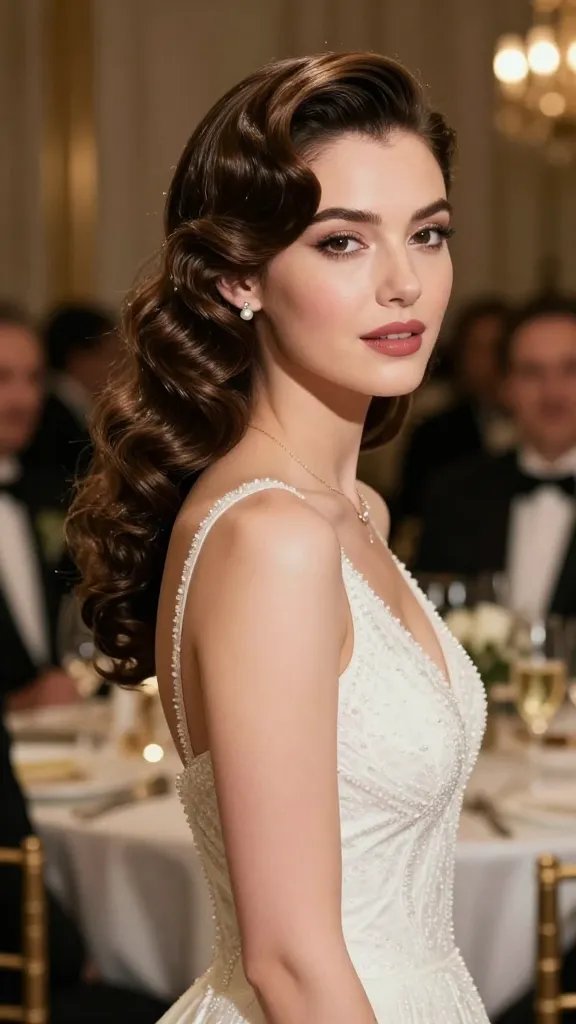 A glamorous, high-resolution fashion-forward photo of a bride at a black-tie wedding reception, showcasing vintage-inspired finger waves with a modern twist. The main subject is a radiant bride with a classic Hollywood look: soft, defined finger waves along the scalp, loosened slightly for a contemporary edge, with a few flexible waves toward the ends. She wears an elegant, timeless wedding gown with subtle beading and a sleek silhouette, complemented by refined accessories (minimal pearl earrings and a delicate necklace). The hairstyle should appear freshly styled with a light, natural shine and a medium-hold spray finish, giving a soft yet polished hold. The makeup is classic yet modern&mdash;soft smoky eyes, radiant skin, and a rosy lip&mdash;while the background features a luxurious, softly blurred reception setting with warm lighting and a hint of champagne toast. The overall mood is sophisticated, eye-catching in person and in photos, suitable for evening weddings or black-tie celebrations. No text on the image.