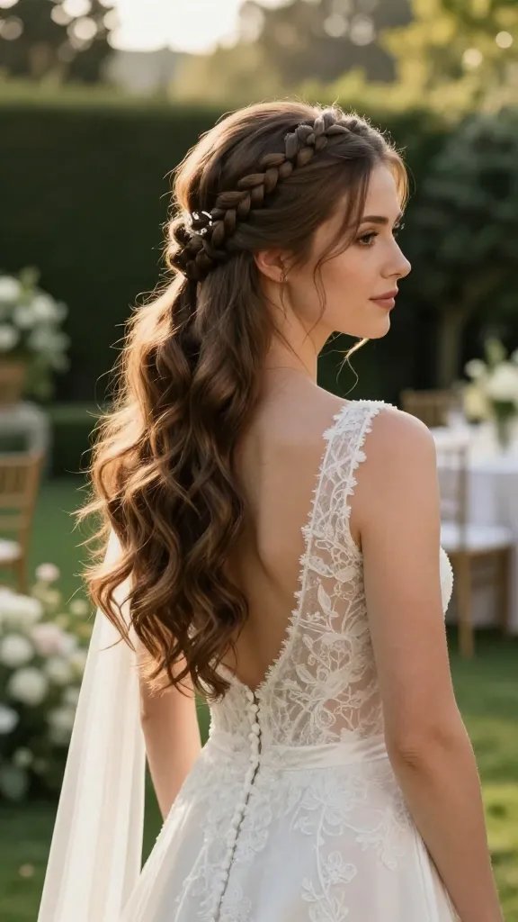 A high-resolution, realistic wedding photo of a radiant bride with a braided crown and bubbly ponytail, standing in a softly lit garden venue at golden hour. The crown braid sits gently across her crown, adding volume and drama, with clear elastic bands hidden along the braid. A bubbly ponytail cascades from the crown, creating whimsical, fairy-tale texture and movement as she glances slightly to the side. A delicate hairpin is tucked neatly on one side to balance the look. She wears elegant, timeless wedding attire&mdash;a flowing lace or satin gown&mdash;without appearing fussy. Soft, natural makeup and loose waves frame her face, capturing a poised, magical silhouette perfect for group photos and dance-floor moments. The background features lush greenery, subtle floral decor, and a touch of ballroom sophistication, with warm natural light and shallow depth of field to keep the focus on the hairstyle and the bride. No text on the image.