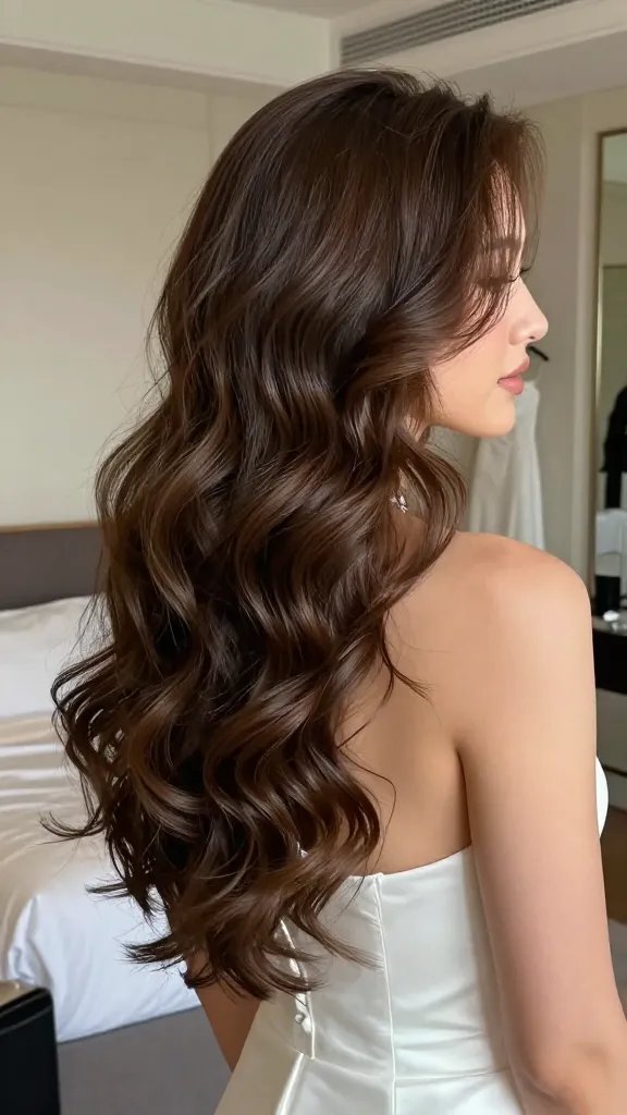 Create a hyper-realistic, high-resolution photo of a stylish bride or wedding guest showcasing a textured blowout with soft shine. The main subject should have voluminous, bouncy hair with natural shine catching light as she moves, displaying root lift and gentle waves that look luxe and effortless. The hairstyle should appear polished yet relaxed, with a subtle, healthy glow on the hair to emphasize shine. The setting is an elegant bridal preparation room with soft, natural lighting, neutral-toned decor, and a hint of luxurious textures (silk, satin) in the background. The subject is wearing a chic, modern wedding outfit or gown with minimal, refined jewelry, and her makeup is soft and radiant to complement the hair. The image should feel candid and editorial, capturing movement and the luxurious, long-lasting vibe of a textured blowout ready for a wedding day, without any visible text elements.