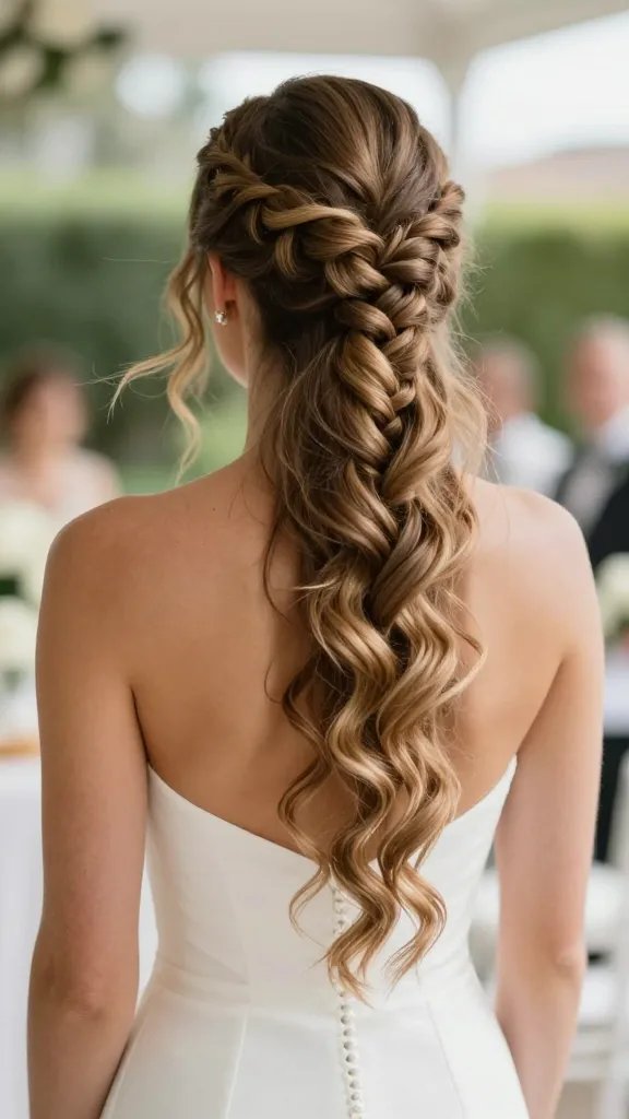 A high-resolution, photo-realistic portrait of a bride at a wedding venue, showcasing a mermaid braid with loose end curls. The main subject is a radiant bride with light to medium skin tone, standing indoors or outdoors in soft, natural light. Her hair features a dramatic three-strand braid starting at the crown and flowing down the back, blending into loose, beachy curls at the ends that subtly catch the breeze. The ends are intentionally soft and slightly unruly to convey relaxed elegance. She wears minimal accessories&mdash;small, understated earrings and a simple, elegant wedding dress with clean lines and a sweetheart neckline. The background is softly blurred to emphasize movement and texture in the hair, with natural tones of greenery or airy venue decor. The overall mood is playful yet sophisticated, capturing sea-washed glamour as the braid moves with her during the toast. No text on the image.