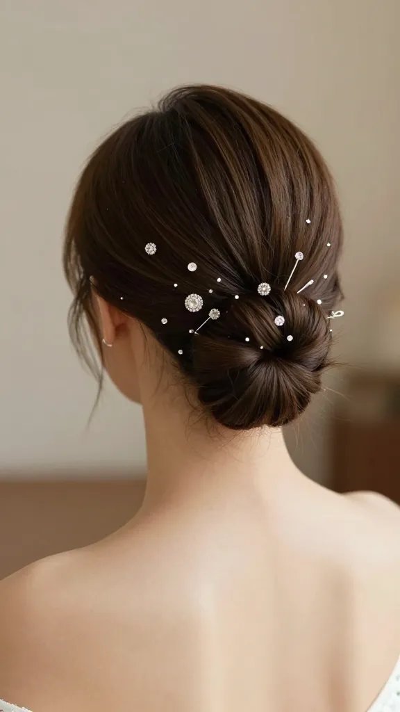 Create a high-resolution, lifelike photo of a stylish wedding guest from the shoulders up, showcasing a sophisticated low bun hairstyle adorned with decorative pins. The subject is a confident, composed individual wearing elegant evening attire that complements the jewelry&ndash;rich pins on the bun. The pins are a tasteful mix of metals and gems, scattered subtly around the bun for a gentle sparkle, with extra pins tucked discreetly inside to secure the hairstyle. The lighting is soft and flattering, highlighting the shine of the pins and the smooth texture of the hair, with a neutral, elegant background suggesting a ceremony or reception setting. The overall mood is timeless, polished, and effortlessly chic, suitable for a wedding guest who values comfort and understated glamour. No text or logos on the image.