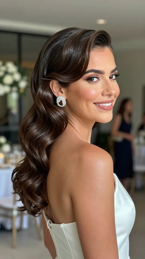 Capture a high-resolution, realistic photo of a wedding guest featuring the hairstyle described: side-swept glam with tucked waves. The main subject is a fashionable guest at a modern ceremony, posing indoors or at a chic outdoor venue with soft, flattering lighting. The hair should be styled with smooth, glossy waves that sweep over one shoulder and are discreetly tucked behind the ear with a hidden pin, emphasizing a sleek, polished look. The subject wears bold, statement earrings that add drama, and a luminous shine across the hair and skin achieved by a subtle spray. The outfit is elegant and contemporary, complementing high-fashion vibes&mdash;think a sophisticated dress with clean lines, perhaps a sleek gown or refined cocktail dress, in a color that enhances the jewelry and backdrop. The background hints at a stylish wedding setting (elegant decor, soft bokeh lights, or a modern venue) without distracting from the subject. The pose is poised and confident, with the head slightly turned to showcase the side-swept waves, a natural, radiant smile, and a relaxed, dinner-friendly demeanor. No text on the image.