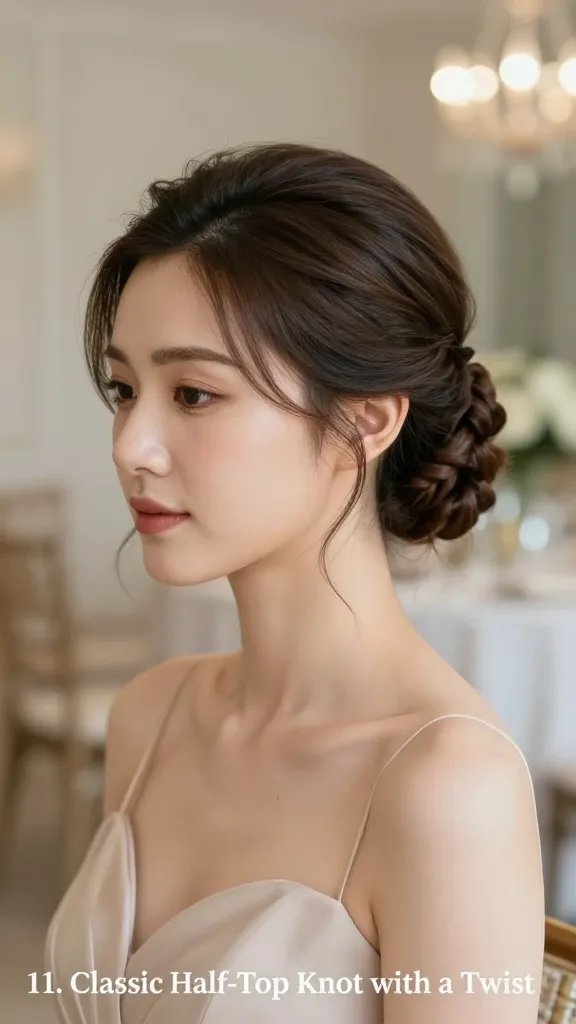 Create a ultra-realistic, high-resolution portrait of a wedding guest featuring "11. Classic Half-Top Knot with a Twist" as the main subject. The scene should be bright, airy, and elegant, set in a chic wedding venue with soft bokeh lights in the background. The subject is a stylish woman with a soft, radiant complexion, wearing subtle, dewy makeup and natural tones. Her hair is styled in a compact half-top knot sitting comfortably above the ear, with a delicate twist or a small braid integrated into the knot. Include soft tendrils of hair pulled gently around the face to frame her features. The twist/braid should be visible and seamlessly woven into the knot, giving a playful yet chic look. Hair should appear smooth and glossy, with a few loose flyaways for a realistic touch. Ensure the hairstyle is the focal point while her attire complements it: a refined, elegant wedding guest dress in a muted, timeless color (e.g., champagne, blush, or ivory), with subtle jewelry. The overall composition should convey versatility and sophistication, suitable for rustic venues or city loft receptions. No text on the image.