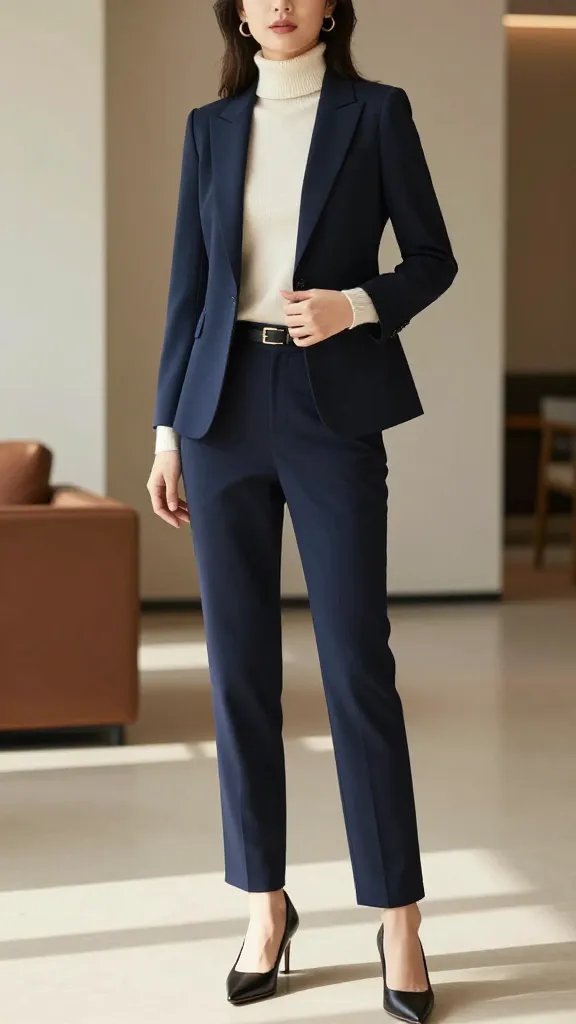 A high-resolution, cinematic fashion photograph of a poised professional woman standing in a modern, bright office lounge with warm ambient light. She wears a deep indigo tailored suit (navy blazer and high-waisted trousers) paired with a cream cashmere turtleneck, fully tucked in. The look is elevated with black pointed-toe pumps, a slim gold belt with a subtle buckle, and gold hoop earrings. The styling is minimal and clean to let the navy fabric speak, with soft textures from the cashmere contrasting the sharp lines of the suit. Pose her with one hand lightly resting on her hip and the other gently adjusting her lapel, conveying a &ldquo;boardroom meets brunch&rdquo; vibe. The background features neutral tones, a hint of architectural detailing, and soft natural light casting gentle shadows to enhance the luxurious feel. No text or logos on the image.