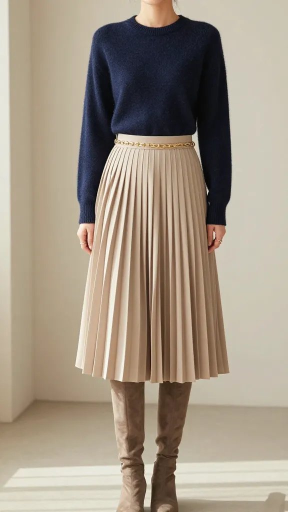 A high-resolution, editorial fashion photograph of a poised model standing in a softly lit, elegant winter interior with a neutral backdrop. The model wears a navy cashmere knit sweater tucked neatly into a beige pleated midi skirt, paired with warm taupe knee-high boots. A delicate gold chain-link belt cinches the waist, adding a touch of luxe. The front of the sweater is tucked to create a sleek line, with minimal jewelry&mdash;perhaps a single understated ring&mdash;so the pleats remain the focal point. The color palette is refined and cohesive: deep navy, warm beige, and taupe with subtle gold accents. The styling exudes an expensive, tactile quality through the contrast of soft cashmere and crisp pleats. The pose is confident yet graceful, suitable for a winter wedding or chic coffee date, with soft natural light highlighting the textures and movement of the pleated skirt. No text or logos visible in the frame.