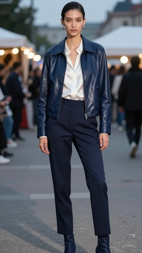 A polished, high-fashion editorial portrait of a single female model styled in a monochrome navy day-to-night look with a leather twist. The model stands in a softly lit urban festival setting at dusk, with subtle bokeh lights in the background. She wears a structured navy leather jacket over a white silk blouse with a delicate, subtle sheen, paired with navy high-waisted trousers and navy ankle boots. Silver hoop earrings gleam softly as a clean, sleek bun completes the hairstyle for a sophisticated, attitude-filled vibe. Lighting highlights the textures: the matte sheen of the silk blouse, the rich depth of the leather, and the smooth lines of the tailored trousers. The overall mood is premium, minimal accessories, the jacket clearly as the hero piece, with no extraneous embellishments. The image should be in high resolution with realistic skin tones, sharp detail on the leather texture, and natural, flattering shadows. No text overlays.