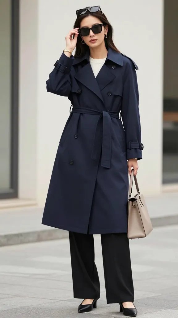 Create a high-resolution, realistic fashion editorial image of a female model standing in a clean, minimalist urban backdrop with soft natural light. The model wears a tailored navy trench coat belted at the waist, the belt snug but comfortable. Underneath, she sports an ivory knit top and sleek black wide-leg trousers, paired with classic black pumps or loafers. Accessorize with a gold minimalist bracelet and a neutral-toned structured bag resting by her side or slightly in hand. Add oversized sunglasses perched on her head or held casually to convey weekend glamour. The overall mood is chic, sophisticated, and effortlessly put-together, suitable for travel or business settings, with the navy trench as the focal point and the other pieces keeping silhouettes simple to let the outerwear shine. Ensure the main subject reflects confidence and poise, with clean lines, balanced proportions, and a polished, expensive vibe. No text on the image.
