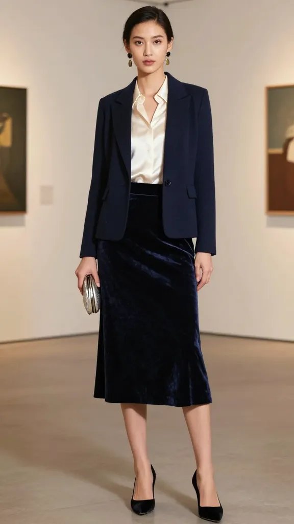 A polished, high-fashion editorial portrait of a poised model in a luxurious navy and cream evening look. The model stands in a softly lit, upscale gallery setting with minimalist white walls and subtle warm ambient lighting. She wears a navy cashmere blazer with a structured silhouette over a cream satin blouse that is neatly tucked, paired with a navy velvet midi skirt that falls just below the knee. Accessories include black velvet pumps, statement drop earrings with a hint of gold, and a metallic clutch resting near her hip to add a subtle sparkle. The texture contrast between the cashmere blazer and velvet skirt should read as luxe and refined, not busy. The model&rsquo;s posture is confident yet graceful, one hand lightly resting at her side and the other softly holding the clutch. Hair is sleek and pulled back, makeup is polished with a focus on glowing skin and a neutral lip. The background features soft depth of field with a hint of abstract art and gallery lighting, ensuring the navy ensemble remains the focal point. No text on image.