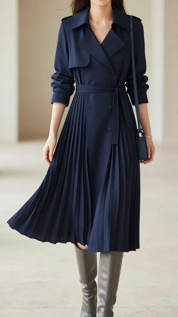 A fashion-forward photo of a female model standing in a softly lit, airy urban setting with subtle architectural backdrop. She wears a navy pleated trench dress that falls to mid-calf, cinched at the waist with a slim matching belt, creating a defined silhouette and graceful movement in the pleats. Gray knee-high boots with a sleek finish complement the look, while a minimalist silver bracelet gleams subtly on her wrist. A navy crossbody bag with clean lines sits casually at her side. Style is modern and understated: no heavy jewelry, tiny, refined accessories, and the dress is the focal point. The model interacts with a gentle breeze, causing the pleats to ripple slightly, suggesting motion. The overall mood is polished and versatile, suitable for weddings, brunch, or smart-casual workdays, with soft natural lighting, neutral background tones, and a shallow depth of field to keep the focus on the navy trench dress and its elegant movement. No text in the image.