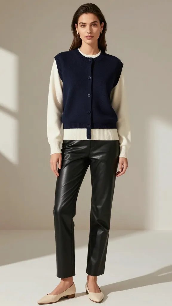 A high-resolution, fashion-forward editorial portrait of a confident female model in a navy and cream twinset, standing in a minimalist, sunlit studio. The navy crew-neck knit cardigan with a matching navy sleeveless sweater sits neatly over a cream-beige tone at the cuffs and hem, paired with black leather straight-leg pants that fall cleanly to pointed-toe beige flats. The cardigan hem is subtly peeled to reveal a hint of casual edge, while the outfit maintains sleek, clean lines. Accessories are minimal: small gold stud earrings and a natural makeup look with polished skin, soft bronze eyes, and nude lips. The lighting is crisp and directional, emphasizing the textures of the knit and the glossy leather, with a shallow depth of field that softly blurs the backdrop. The overall mood is sword-sharp sophistication with a retro nod, captured as a luxurious, fashion-forward moment. No text on the image.