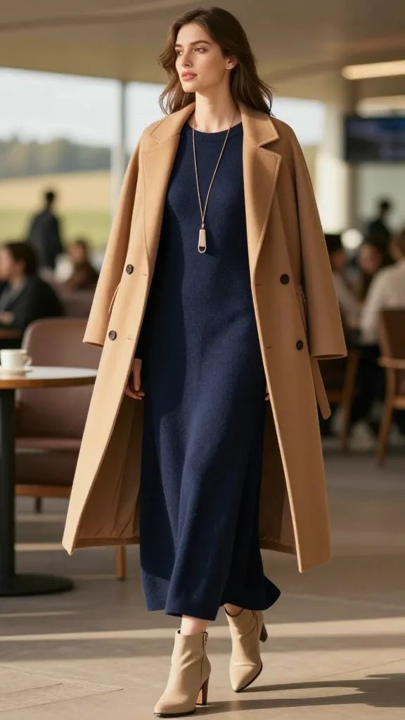 Create a high-resolution, realistic fashion photograph featuring a single female model in an elegant navy knit maxi dress layered under a camel tailored coat, standing poised in a sunlit countryside setting or chic airport lounge to evoke &ldquo;weekend getaway&rdquo; and travel chic vibes. The navy knit maxi should drape gracefully to the ankles with a subtle, soft texture. Layered underneath, ensure the camel tailored coat sits open to reveal the dress, with a belt cinching the coat over the waist for added definition. Accessorize with a long, slim pendant necklace that elongates the silhouette and hangs down the front. Pair beige ankle boots with a clean lines silhouette, stacked heel, and minimal hardware. The model should face slightly to the side with a composed, relaxed expression, one hand lightly resting near the coat lapel and the other softly holding the belt or adjusting the necklace. Natural makeup with a soft glow, hair styled straight or softly wavy and tucked behind the ears to emphasize elongation. Lighting should be warm and golden, suggesting late afternoon sun, with a shallow depth of field to blur the background softly and keep attention on the outfit. The overall mood should convey refined coziness, effortless travel chic, and versatility for travel, casual weddings, or afternoon tea. No text in the scene.