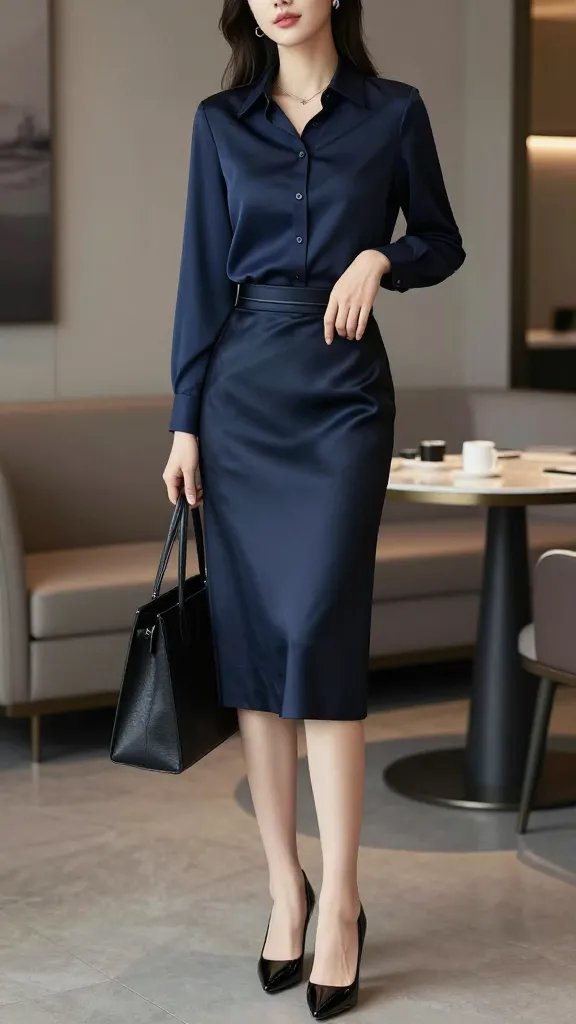A high-resolution, hyper-realistic fashion editorial portrait featuring a polished, confident female model in a navy poplin shirt tucked neatly into a midnight satin midi skirt, paired with black patent heels and a textured black tote. The ensemble is cinched at the waist with a slim belt, and a delicate silver chain necklace rests at the collarbone. The setting is a modern, softly lit business-casual lounge with neutral tones and subtle reflections on glossy surfaces, evoking an upscale lunch or dinner vibe. The model stands with one hand lightly resting on the belt and the other by her side, head slightly tilted, conveying elegance and refined poise. The lighting highlights the crisp shirt, the luminous satin skirt, and the tactile contrast of the patent heels and tote, with impeccable tailoring and minimal, sophisticated accessories. No text on the image.