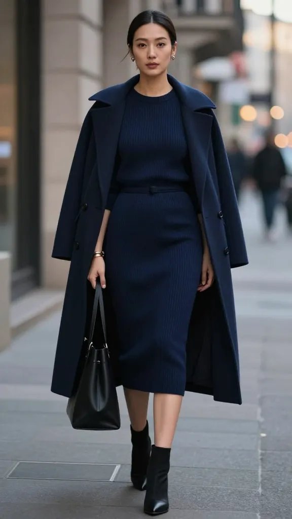 A sophisticated urban fashion portrait of a modern woman standing on a city sidewalk at dusk, wearing a navy knit sheath dress cinched at the waist with a slim belt and a structured navy cocoon coat draped open to reveal the dress. She pairs black ankle boots and carries a minimalist black tote. The look is completed with a single cuff bracelet and stud earrings, subtle makeup, and sleek hair pulled back. The setting features architectural city elements in the background with soft, diffused lighting to emphasize the deep navy tones, textures of knit and wool, and the coat&rsquo;s architectural silhouette. The image should be a high-quality, realistic fashion photograph with shallow depth of field to keep the subject crisp while the background has a gentle bokeh. No text included.