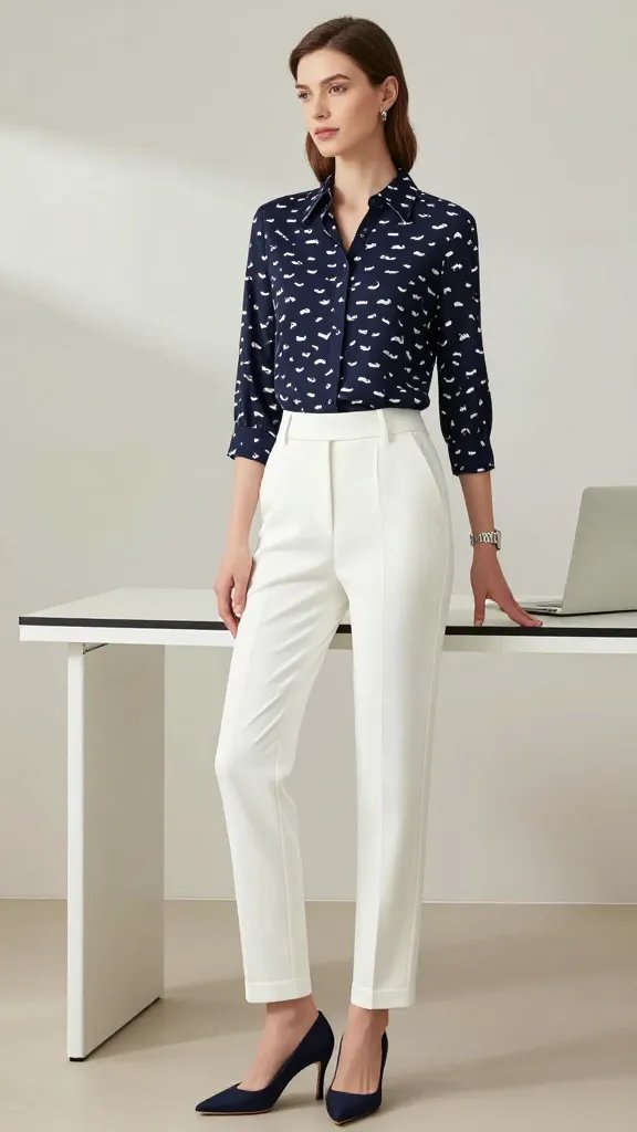 Create a high-resolution, realistic fashion photograph of a female model styled in a navy whaleprint blouse paired with tailored white trousers, standing in a bright, sophisticated studio setting. The navy blouse should feature a subtle whaleprint pattern and be tucked into crisp white, high-waisted, tailored trousers with a slim belt tied at the waist to define the silhouette. The model wears navy pointed-toe heels and a steel watch, kept minimal with no heavy accessories so the print remains the focal point. Pose the model in a relaxed, confident business-casual stance&mdash;perhaps a slight lean against a clean, light backdrop or seated at a minimalist desk&mdash;to convey an upscale, expensive vibe suitable for meetings or lunch with friends. Ensure soft, natural lighting with subtle shadows to accentuate the textures of the blouse and the crispness of the trousers, capturing a polished, editorial quality. No visible text on the image.