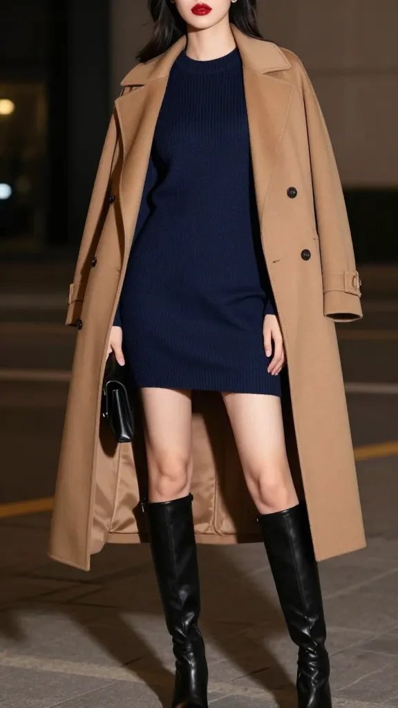 A chic, high-fashion editorial shot of a woman posing in a minimalist urban evening setting. She wears a navy mini knit dress under a longline camel coat worn open or slightly ajar to reveal the dress silhouette, paired with black knee-high boots and a black clutch. The coat drapes dramatically, adding warmth and presence, while the navy hue contrasts with the camel outer layer. The lighting is cinematic and atmospheric, with soft shadows and a subtle warm glow to enhance the luxe vibe. The subject stands poised with a bold, glossy red lip to elevate the luxe energy without additional accessories. The background is softly blurred to keep the focus on the outfit, with the silhouette and textures of the knit dress and satin-like sheen (if swapped to a navy satin mini) subtly suggested through fabric reflections. The image should be a high-resolution, realistic fashion photograph suitable for a magazine cover or editorial spread, with no text on the image.