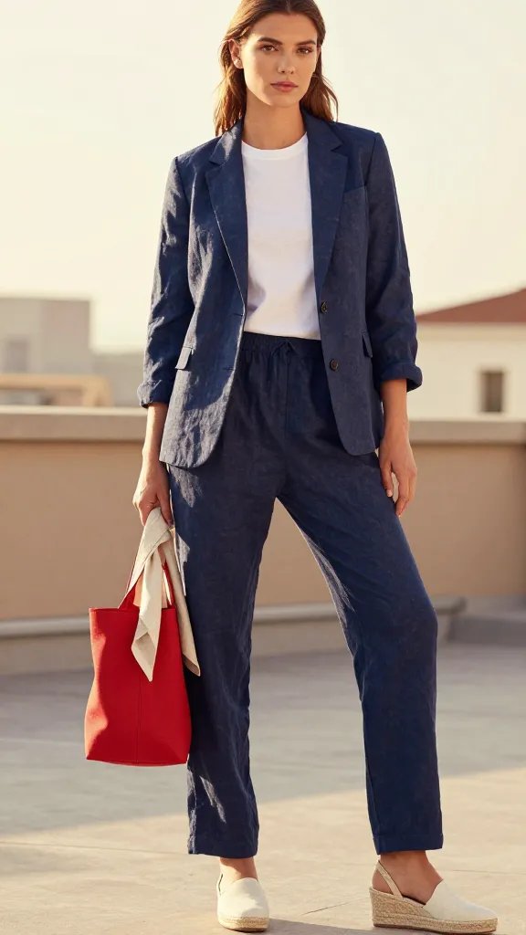 Create a high-fashion, editorial-style image featuring a single female model styled in a navy linen look that reads as expensive and breezy for warm weather. The model stands in a sunlit, airy rooftop setting with soft golden-hour light. She wears a tailored navy linen blazer over matching navy linen trousers, a crisp white cotton tee tucked neatly to emphasize a clean silhouette, and light-cream espadrille wedges. Accessorize with a small tomato-red tote carried in one hand for a pop of color, and a light neutral scarf lightly draped around the neck or in the tote for polish. Ensure the blazer and trousers have natural linen texture with visible creases pressed to look crisp but relaxed. The pose is poised and confident, with a slight bend in one knee to convey ease, and a timeless, cost-no-object vibe. The background should be softly blurred to highlight the model and outfit, with warm tones and minimal clutter to maintain an expensive, refined aesthetic. No text on the image.