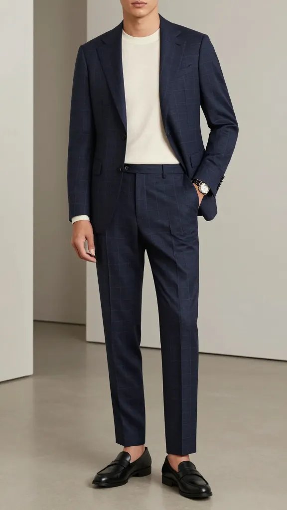 A high-resolution editorial-style photo of a stylish, confident model standing in a sleek, modern gallery space with neutral-toned walls and soft, diffused lighting. The model wears a navy check suit (single-breasted jacket with a slim, tailored silhouette and matching navy check trousers) paired with a cream lightweight knit top. The knit top is tucked in for a polished look, and the outfit is completed with black loafers, a slim belt, and a sleek watch visible on the wrist. The model exudes a sophisticated, shop-floor-ready vibe, posing with one hand in the pocket of the trousers and the other at the side, or adjusting the lapel to emphasize the tailored fit. The overall mood is minimalist, refined, and modern, with a clean, uncluttered background that keeps the focus on the navy check suit and the cream knit top. No text, logos, or distracting elements in frame.