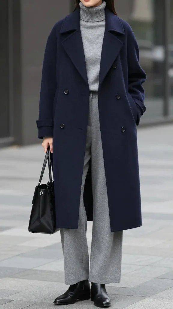 A high-resolution, editorial-style fashion photograph of a sophisticated, stylish individual wearing a navy peacoat layered over a soft gray ensemble. The model stands in a modern urban setting with subdued daylight, exuding timeless, luxe simplicity. The navy peacoat drapes smoothly over a light gray turtleneck and matching gray wide-leg trousers, with black ankle boots adding a sharp contrast. Accessories include a structured black bag held by the model or slung over the shoulder. The overall look should appear uncluttered and refined, with clean lines and minimal bulk under the coat, capturing a poised, versatile aesthetic suitable for office, city strolls, or casual dinners. The image should be crisp, natural, and fashion-forward, with careful attention to texture: the wool of the peacoat, the knit of the turtleneck, and the drape of the wide-leg trousers, all rendered in cinematic lighting that emphasizes luxury and polish. No text or overlays.