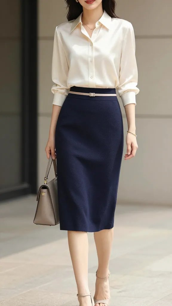 A stylish, high-quality editorial photo of a female model wearing a navy knit midi skirt paired with a cream silk blouse, posed in a softly lit, upscale urban setting. The model stands with a poised, confident posture, blouse buttoned to the top and neatly tucked into the navy knit midi skirt, with a slim beige belt accentuating the waist. Subtle jewelry includes a delicate gold chain bracelet. She wears beige heeled sandals and carries a structured bag in a muted tone to complete the refined look. The composition features natural daylight with gentle shadows, a clean background that conveys an expensive, polished vibe, and a shallow depth of field to keep the focus on the outfit&rsquo;s textures&mdash;the knit texture of the skirt and the smooth sheen of the silk blouse. The overall mood is elegant, timeless, and wearable for daytime sophistication. No text on the image.