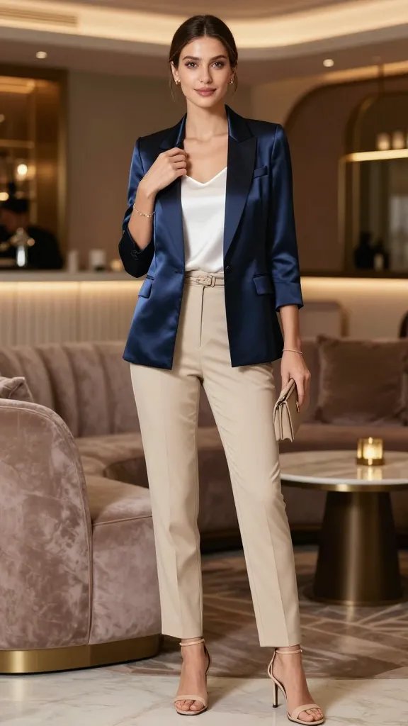 A poised, fashionable woman stands in a luxurious, softly lit upscale lounge setting, wearing a navy satin blazer with a sharp, structured silhouette over a crisp white camisole, paired with beige tailored trousers that have a clean, tailored crease. She wears nude strappy sandals with a delicate heel, a slim belt in a complementary tone, and carries a minimalist, compact clutch in a neutral shade. The blazer is the hero piece, draped elegantly with one hand lightly adjusting the lapel while the other rests on the clutch; her posture is confident and refined. Minimal jewelry&mdash;perhaps small stud earrings and a sleek bracelet&mdash;completes the look. Hair is styled in a sleek, low bun or smooth waves, and makeup is polished with a natural, luminous finish. The backdrop includes a chic, modern interior with soft, golden lighting, a hint of theater or cocktail-hour ambiance, and subtle textures like velvet seating and a marble surface to enhance the sophisticated, expensive feel. No text on the image.