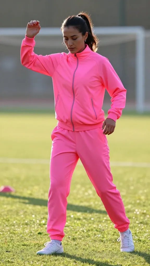 Create a high-resolution, photography-grade image of a female soccer player on a sunlit outdoor practice field at dawn. The main subject is wearing a neon pink track jacket, zipped halfway, with matching high-waisted track pants and white low-profile sneakers. Accessories are minimal: small hoop earrings. The look exudes a bright 90s vibe with practical, athletic appeal. The setting should show a clean, grassy field with a hint of a stadium or training equipment in the background. Pose the subject mid-drill transition: one arm raised lightly mid-swing, jacket zipper half undone to reveal a performance-focused, breathable silhouette, while the other hand rest near the hip; feet in a natural athletic stance suggesting movement and readiness. Lighting is crisp and natural, with soft early-morning sun creating gentle highlights and long shadows for depth. The composition centers the main subject, ensuring the neon pink outfit pops against the green field, with subtle blur on the background to emphasize depth. No visible text or logos on the image.
