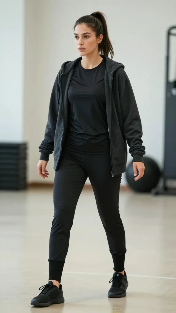 A realistic, high-quality photo of a female soccer player in a modern indoor gym setting, wearing a head-to-toe black-on-black practice outfit. The subject stands confidently in the center, slightly angled to show motion and energy. She wears a black moisture-wicking tee tucked into fitted black joggers with tapered ankles, paired with a charcoal fleece-zip hoodie worn open or draped for a relaxed vibe. Black training socks rise just above the ankles, complemented by sleek black athletic sneakers with minimal branding. Her hair is pulled into a high ponytail with a matching black hair tie, adding a polished, sporty finish. The background features subtle gym elements (softly blurred to keep focus on the subject): a clean, well-lit space with a neutral floor, faint equipment silhouettes, and a cool-toned color palette. Lighting is bright but diffused, highlighting the textures of the fabrics&mdash;moisture-wicking fabric sheen, plush fleece, and the crispness of the tucked tee&mdash;while preserving a sense of movement and sweat-readiness. The overall mood is chic, practical, and effortlessly put-together for indoor or windy outdoor practice. No text on the image.
