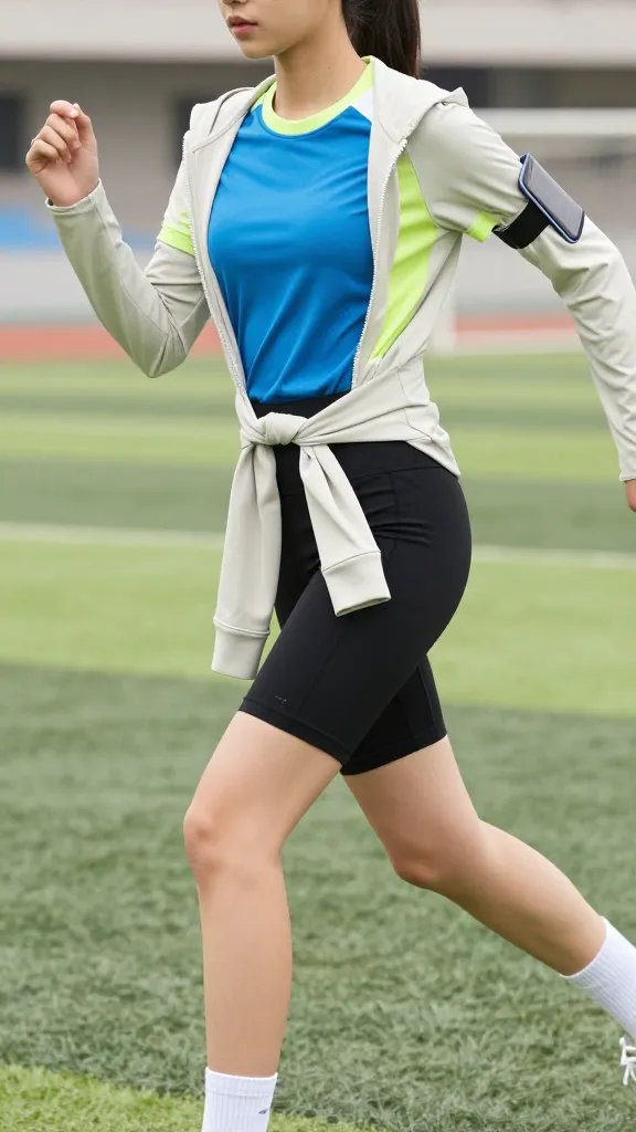 Create a high-quality, hyper-realistic fashion photograph of a female teen/young adult soccer player posing on an outdoor practice field. The subject stands mid-sprint with a dynamic, athletic stride, capturing motion and confidence. She wears a color-blocked moisture-wicking tee (bold panels in electric blue and lime green with a white accent) tucked into a black stretch-knit midi skirt with built-in shorts lining, ensuring a secure, comfy fit. Pair with white ankle socks featuring subtle stripes and a lightweight, slim zip-up jacket in a coordinating neutral color tied around her waist or lightly worn over the shoulders. Include a thin armband on her upper arm holding a phone, emphasizing practicality. The background shows a well-maintained turf field with soft daylight, a hint of a stadium or bleachers in the distance, and a shallow depth of field to keep the focus on the outfit. The overall mood is sporty, breezy, and cute, highlighting mobility, comfort, and a color-blocked athletic aesthetic without any visible text on the image.