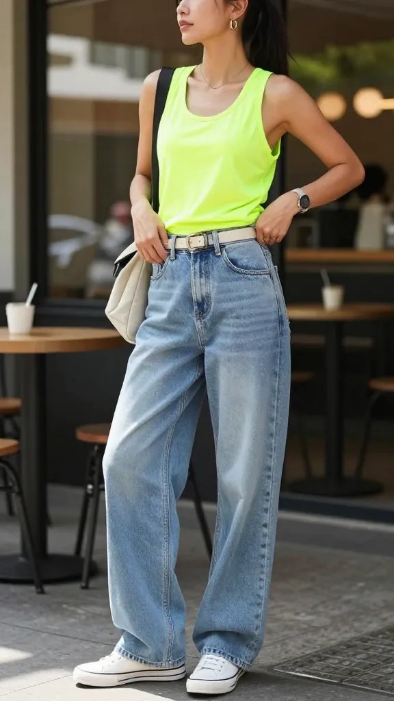 Create a high-resolution fashion photograph of a stylish female athlete as the main subject, standing in a sunlit urban coffee shop courtyard with soft bokeh in the background. She wears neon quick-dry tank top tucked in at the front with a lightweight belt, paired with oversized light-wash boyfriend jeans that sit slouchy at the hips. The outfit is completed with slip-on sneakers and a sporty crossbody bag resting at her side. She has a casual, confident pose&mdash;one hand lightly pulling the belt, the other resting on her hip&mdash;and a few layers loosely open to reveal the bright tank underneath. Accessories are minimal but chic: a simple watch and understated hoop earrings. The scene captures a post-practice vibe transitioning from gym to cafe, with natural light highlighting the neon hue of the tank, the texture of the denim, and the relaxed yet polished silhouette. No text on the image.