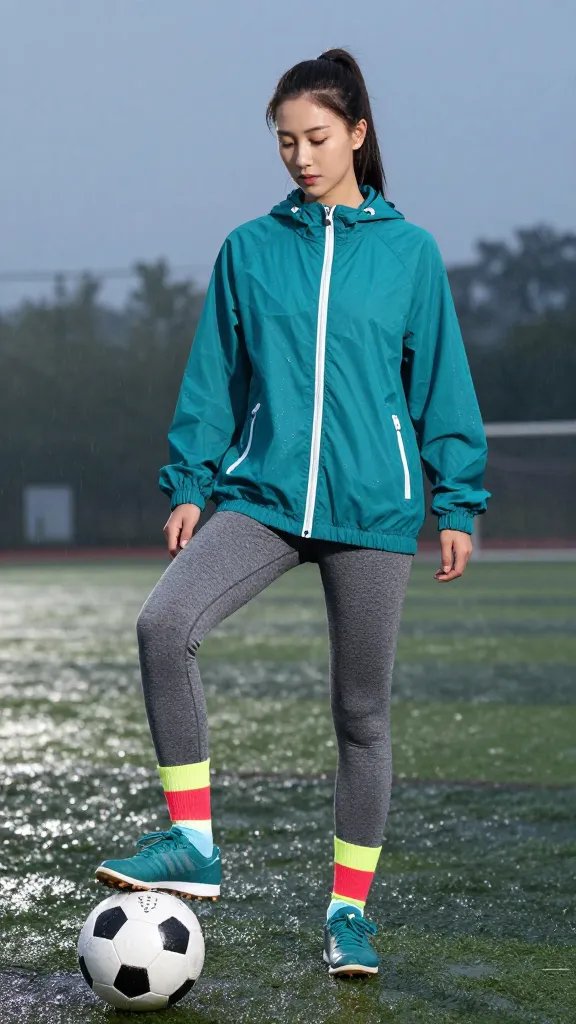 A high-resolution, realistic photo of a young female soccer player standing on a wet rain-soaked turf field at dusk. She wears a teal water-resistant windbreaker zipped up, gray knit leggings, and waterproof teal-trimmed trainers with reflective ankle socks that feature a bold pop of color at the cuffs. The windbreaker is slightly rolled at the cuffs to reveal the sock color, and reflective accents on the zipper and sleeves catch the soft stadium lighting. The ground shows damp reflections from nearby lights, with light mist in the air and droplets on the windbreaker for texture. She strikes a confident, ready-to-practice pose, ball at her feet or nearby, displaying a practical yet vibrant rainy-day athletic look. No text on the image.