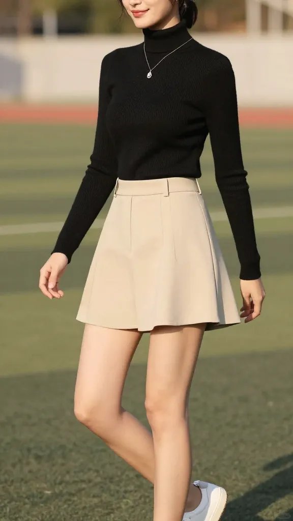 A high-resolution, candid-style fashion photograph of a female soccer player posing outdoors on a mild, sunlit day. The subject stands in a confident three-quarter pose, facing slightly to the left, with a gentle smile. She wears a fitted black ribbed turtleneck tucked into a beige A-line athletic skirt with built-in shorts lining, hitting mid-thigh, and a slim belt cinching the waist. White sneakers with a minimal sole complete the look. A delicate pendant necklace rests at her collarbone, and she wears a light, clean makeup finish. The background shows a softly blurred grass field and a hint of a stadium or track, conveying a vintage soccer chic aesthetic. The lighting is warm and natural, emphasizing texture on the ribbed knit and the flow of the skirt, with shallow depth of field to keep the subject crisp while the surroundings glaze softly. No text on the image.
