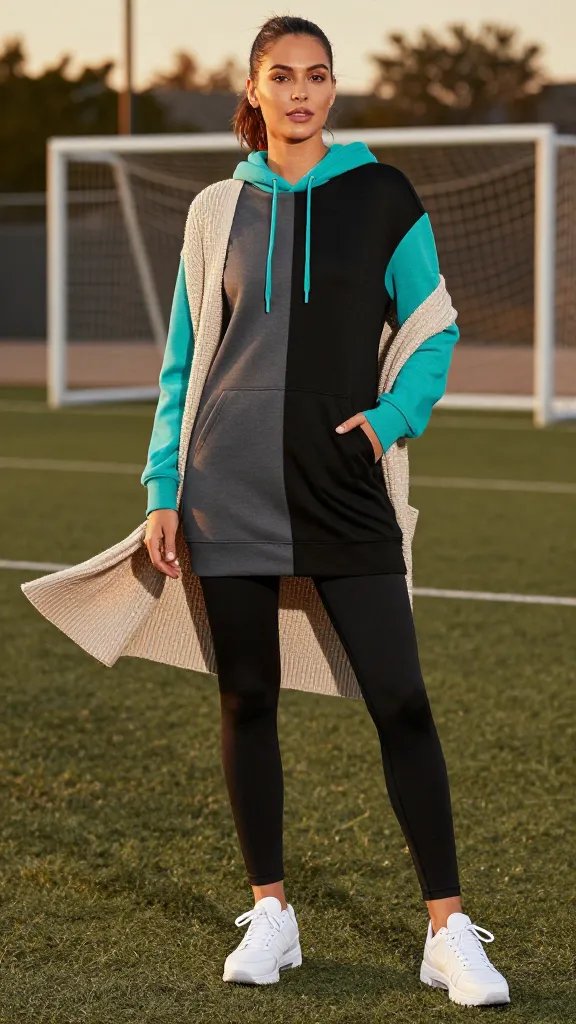A high-resolution, fashion-forward photo of a female athlete with a fit, casual soccer-ready vibe, standing on a sunlit outdoor turf field at dusk. She wears a color-blocked hoodie dress in bold blocks of black, charcoal gray, and a pop color (e.g., electric teal) at the sleeves and hood, paired with sleek black leggings that reach the ankles, and clean high-top sneakers in white with subtle contrasting accents. A chunky knit cardigan in a complementary neutral drapes open over the dress for layering. The hem of the hoodie dress sits above the knee to allow range of motion. The subject exudes effortless, sporty confidence, with one hand casually in a pocket and the other resting on her hip, a light breeze causing the cardigan to flutter slightly. The backdrop features a softly blurred soccer goal and a field with faint chalk lines, under warm golden-hour lighting that highlights the color blocks and textures of the fabrics. No text on the image.
