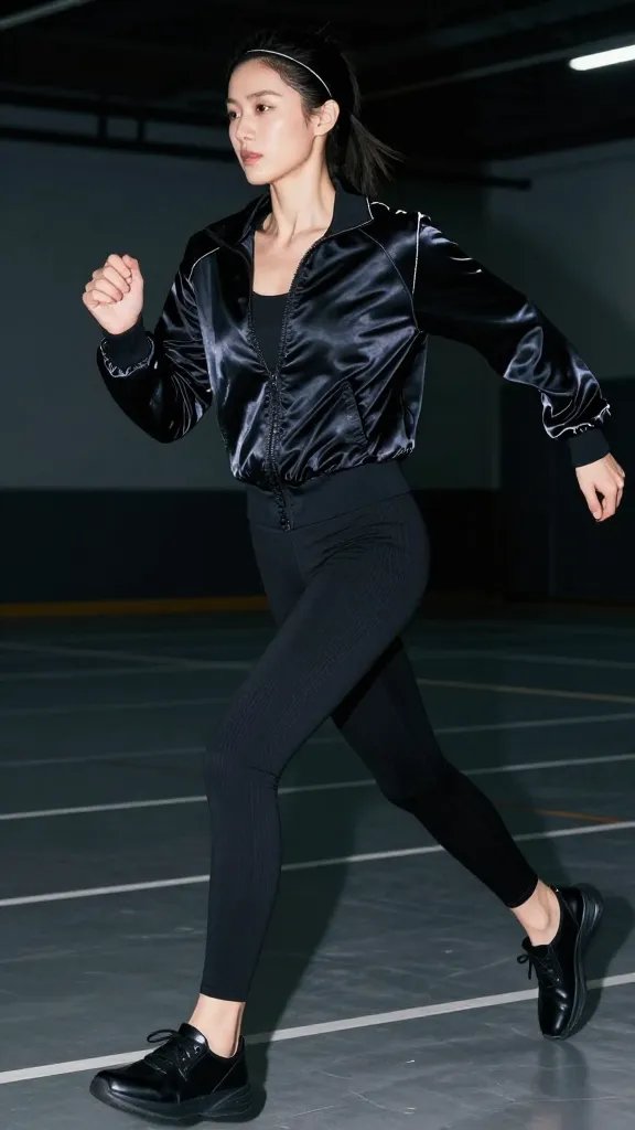 A high-resolution, cinematic sports fashion photograph of a female athlete mid-action on a dimly lit indoor arena floor during an evening practice. She wears a satin-trim tracksuit jacket in deep black with subtle gleaming satin panels along the shoulders and cuffs, paired with matte black ribbed leggings and a solid color sports bra. Satin trim creates a gentle glow under stadium floods while the rest of the outfit remains matte to emphasize the sheen. She wears shiny black slip-on sneakers and a thin, minimalist headband to keep hair tidy as she sprints and pivots. The lighting highlights the satin sheen on the jacket, with cool-toned arena lights reflecting softly off the fabric, while shadows keep the ensemble sleek and legible. The background is slightly blurred to keep the focus on the main subject, capturing a dynamic, confident pose that conveys night-game readiness and sport-luxe style. No text on the image.