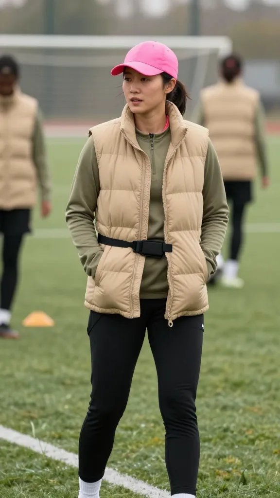 A high-resolution, natural-tone outdoor soccer field scene featuring a female soccer player standing at the edge of the sideline during a practice session. She wears a tan puffer vest unzipped over a olive long-sleeve moisture-wicking tee, black athletic leggings, and a bright cap (neon pink) tucked under the vest&rsquo;s collar. A compact black belt bag is cinched at her waist. The vest is slightly puffy, lightweight, with subtle stitching and a matte finish. The setting is a slightly overcast day with soft, diffused light; light mist or dew on the grass adds realism. The player&rsquo;s hands are comfortably near her pockets, ready for drills, and her expression is focused yet approachable. Include subtle motion blur on nearby teammates training in the background to convey activity without distracting from the main subject. The overall color palette should emphasize warm tan and olive tones with a pop of the bright cap for contrast. No text or logos visible on clothing.