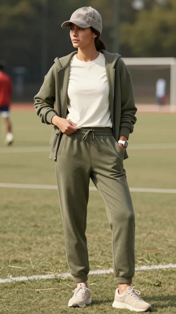 Create a high-resolution, natural-light photo of a female soccer player in a casual, everyday practice setting. She wears an olive green jogger set with a matching hoodie (or crew neck) and a cream fitted tee tucked slightly at the front to create a balanced top line. Beige sneakers complete the look, and she accessorizes with a simple camouflage-cap or a plain beanie and a minimalist watch for a tech-free vibe. The scene is on a well-kept practice field during daytime, with soft, earthy tones and a relaxed, confident stance&mdash;hands in pockets or one hand adjusting the tee hem, shoulders relaxed. Subtle motion blur on distant players or equipment in the background to imply activity, but the main subject remains crisp and centered. No text, no logos, and natural shadows emphasizing the olive and cream color palette. The overall mood is polished comfort and quiet confidence, suitable for casual practice days or cool-downs.