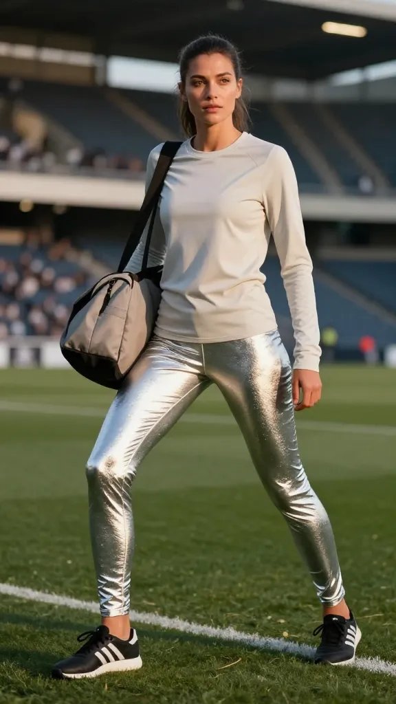 Create a high-resolution, cinematic fashion photo of a female soccer player in an athletic stadium setting during golden hour. The subject stands confidently on the pitch near the sideline, wearing metallic magnetic-foil leggings that catch a soft reflective sheen, paired with a solid color moisture-wicking top in a clean, matte tone. She completes the look with black trefoil sneakers and carries a lightweight gym bag slung over one shoulder. The outfit adheres to a single metallic piece rule, so the leggings are the focal shiny element while the rest remains simple and functional. Pose the model in a dynamic, ready-to-action stance&mdash;slightly angled to the camera with one knee bent, a subtle fist pump or poised leg lift to convey movement and sportiness. Lighting is balanced to emphasize the metallic texture without overdoing glare, with stadium stands softly blurred in the background and a hint of crowd silhouettes. Ensure natural skin tones, crisp fabric textures, and a clean, uncluttered composition with no text on the image.