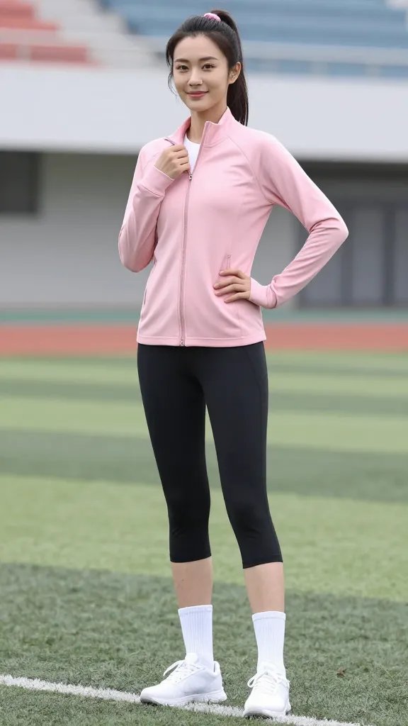 A realistic high-quality photo of a female soccer player standing on a modern indoor turf field, softly lit with pastel pink and cool white tones to create a gentle, athletic ambiance. She wears a soft pink zip-up jacket over a white performance top, black capri leggings, and white pediatric-inspired socks that rise just above the ankle. Low-profile white trainers with clean lines complete the look. Her hair is tied back with a matching pink hair tie, with the leggings rolled slightly at the ankle to reveal the socks. The subject exudes casual confidence, slight smile, and a relaxed pose&mdash;one hand resting on hip, the other lightly brushing the zipper&mdash;captured in a mid-shot that focuses on the outfit from mid-thigh upward. Subtle details include the soft sheen of technical fabrics, a hint of breath visible in cool air, and a shallow depth of field that keeps the subject crisp while softly blurring the field and bleachers in the background. No text or branding visible.