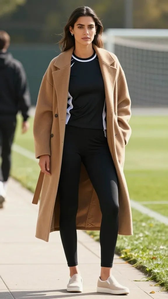 A fashion-forward female athlete stands at a sideline on a sunlit soccer field, wearing a camel coatigan draped casually over a sleek monochrome sports set (top and bottom in black and white). She pairs the relaxed coatigan with neutral slip-on sneakers and simple stud earrings. The look is streamlined and chic: no bulky underlayers, the coatigan draping naturally to emphasize effortless elevation. The setting is a pre-game warmup area with soft natural light, a hint of green turf and a few blurred figures in the background, creating a candid yet polished vibe. The subject gazes confidently forward, embodying casual elegance between athletic readiness and street-style sophistication. No visible text on the image. High-resolution, natural colors, shallow depth of field that keeps the subject in crisp focus while softly blurring the background.