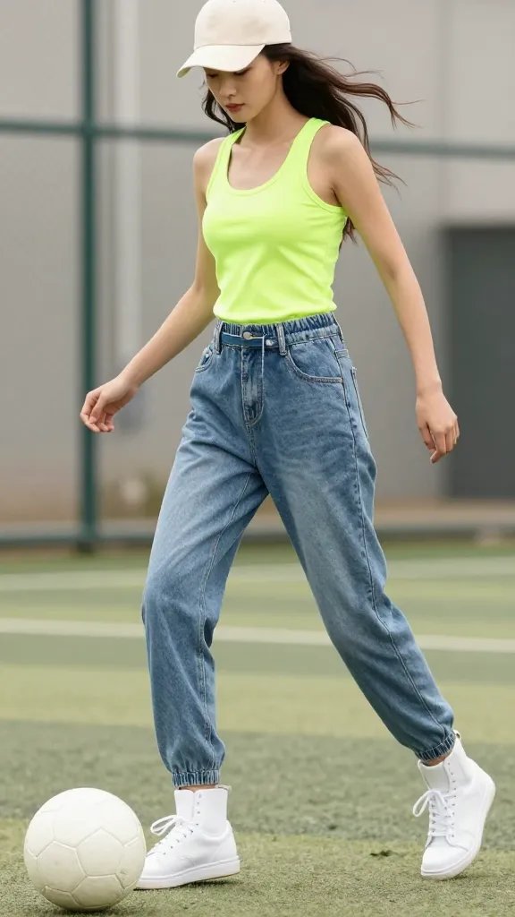 A high-quality, 4K studio lifestyle shot of a stylish female soccer player in a casual outdoor practice setting. She wears denim-inspired joggers with a subtle distressed wash for texture, a bright sport tank tucked in to define the waist, and white sneaker boots for a clean, athletic silhouette. A thin belt is optionally cinching the joggers, and she sports a simple cap to complete the streetwear-inspired look. The pose conveys movement and readiness&mdash;one leg slightly forward as if about to kick a ball, with a soft ball at her feet and a light, natural breeze lifting her hair. Neutral-toned backdrop with hints of urban fencing and green turf blurred behind to emphasize the subject. Natural lighting, shallow depth of field, and a crisp, detailed texture on fabric to highlight the denim-inspired joggers, tank color pop, and white shoes. No text on the image.