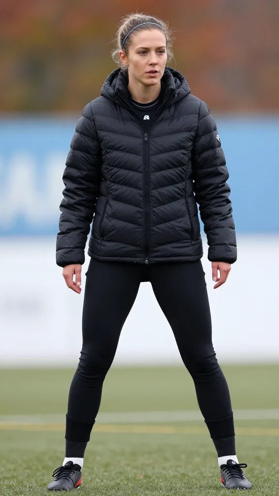 A high-quality, candid-style sports studio or stadium-side photo of a female soccer player posing mid-practice in a chilly outdoor setting. The subject wears a lightweight quilted black puffer, form-fitting black leggings, a team-branded tee tucked in, and high-arched socks that rise just below the knee. The look is completed with a thin cap or a simple headband pushing back hair for practicality. The outfit should convey warmth and mobility, with the puffer lightly puffed to show texture and insulation, and the leggings and tee allowing full range of motion. The lighting is soft yet bright, capturing crisp textures of the quilted puffer, matte fabric of the leggings, and subtle shine on the socks. The background hints at a fall or winter stadium environment with cool tones and a shallow depth of field to keep the focus on the subject, who stands confidently ready for quick drills, a slight athletic stance, and a determined expression, no text or branding overlays visible. The overall mood is sporty, warm, and ready for championship-level practice.