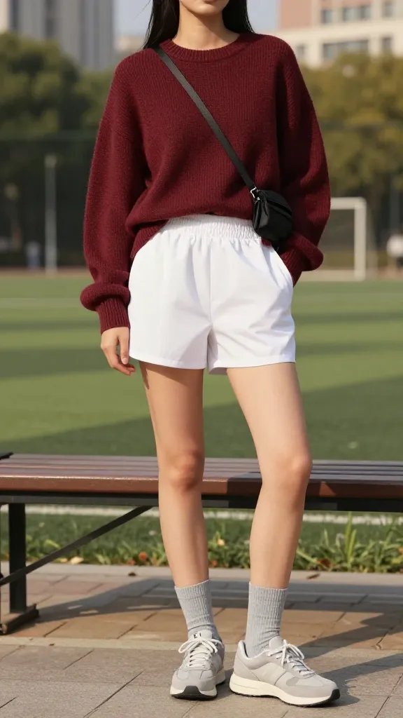 A high-resolution, fashion-forward sportswear editorial shot featuring a female athlete standing in a sunlit urban park setting just after a practice session. She wears a burgundy knit sweater with a relaxed, slightly oversized fit tucked lightly at the front, paired with crisp white athletic shorts that are breathable and sporty, hitting mid-thigh. She completes the look with gray crew socks pulled up to mid-calf and neutral-gray sneakers with clean lines and subtle branding. Accessories include a slim, black belt bag worn crossbody to keep essentials handy without bulk. The styling exudes a fresh, unexpectedly chic color pairing that nods to classic sports aesthetics, with the model conveying a confident, relaxed vibe as she stands near a low bench and a blurred soccer field in the background. Lighting is natural, warm, and soft, emphasizing the rich burgundy of the sweater and the crisp whiteness of the shorts, with shallow depth of field to keep focus on the outfit. No text on the image.