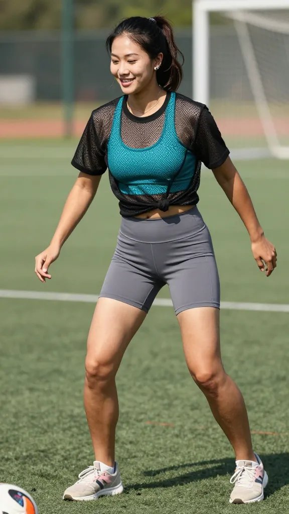 Create a high-resolution, hyper-realistic image of a female athlete in a dynamic sideline drill during a sunny outdoor soccer practice. The subject stands in three-quarter view on a turf field, mid-action with a light, confident smile, capturing a candid, energetic vibe. She wears a turquoise sports bra that peeks from under a black mesh-panel tee, with the tee cut to hip length and slightly cropped to avoid tripping. Pair this with gray bike shorts and neutral sneakers. Accessories are minimal but playful: delicate anklets and tiny earrings. The lighting is bright and natural, emphasizing the vibrant turquoise pop of the sports bra against the mesh texture of the tee and the matte finish of the shorts. The scene conveys breathability, mobility, and a sporty, fresh mood suitable for hot days and high-energy scrimmages. No text on the image.