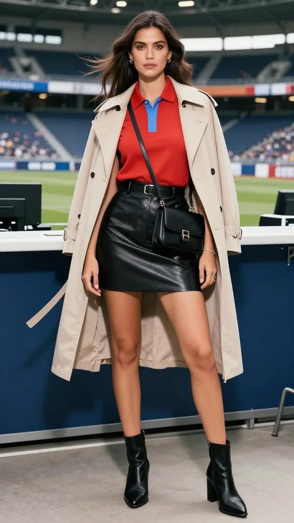 A high-fashion editorial portrait of a confident female athlete turned style icon posing in a stadium press box setting. She wears a bold-color polo tucked neatly into a sleek faux leather mini skirt, black ankle boots with a subtle heel, and a structured black crossbody bag. A slim belt cinches the waist, and minimal jewelry—small hoop earrings and a delicate bracelet—complements the look. If a breeze adds motion, a light trench sweeps over her shoulders. The lighting is polished and stadium-inspired, with natural daylight and soft fill to highlight the textures: the crisp polo fabric, the glossy faux leather, and the tailored silhouette. The composition centers the subject with a shallow depth of field that keeps the background slightly blurred, emphasizing a poised, powerful vibe suitable for a VIP section photo. No text or logos in the frame.