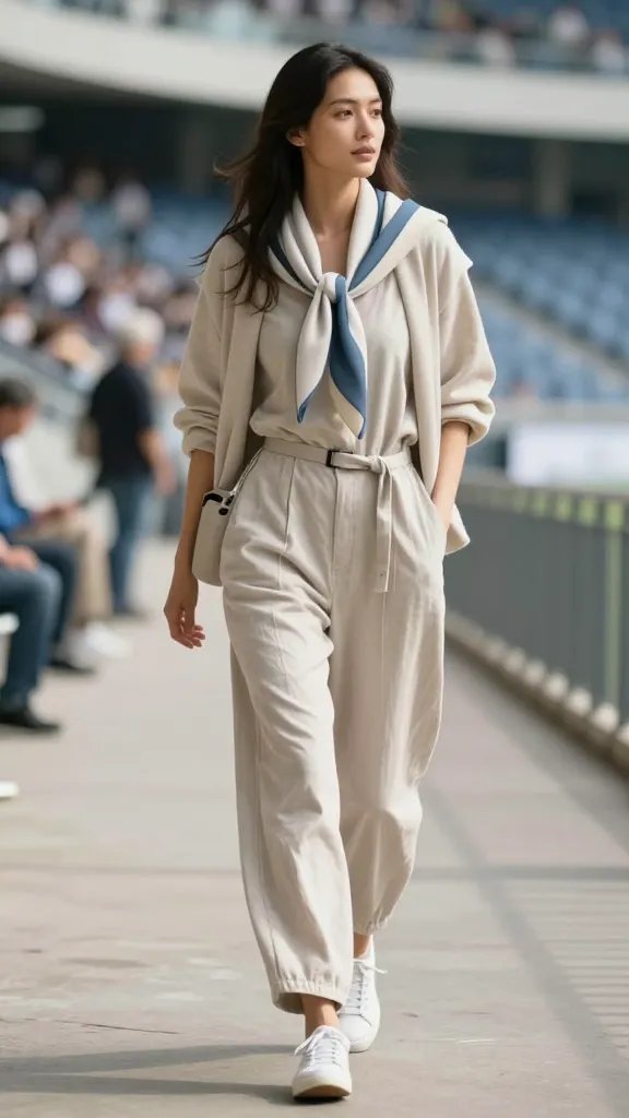 A realistic, high-quality photo of a stylish woman on a sunlit stadium concourse, wearing a wide-leg cotton jumpsuit in a soft, breathable fabric with a relaxed fit, paired with low-profile white sneakers. She carries a sporty belt bag at the hips and a light scarf in team colors draped loosely around the neck, with a sleek cardigan casually layered over the shoulders or tied at the waist for a subtle, chic touch. The scene is cinematic with soft natural light, shallow depth of field, and a blurred backdrop of stadium seating and fans. The subject exudes effortless confidence and movement, as if she’s just finished a stroll around the concourse or a quick warm-up, while remaining polished and ready for post-match casual dining. No text or logos, focus on the silhouette, color harmony (neutrals with pops of team color), and comfortable yet put-together styling.