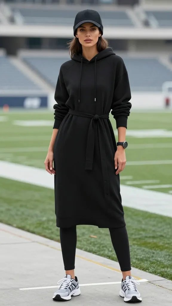 A high-resolution, outdoor storefront-style photo of a stylish woman standing on a chilly stadium sideline, wearing a layered hoodie dress in a rich team color (black), paired with black leggings and monochrome running sneakers. She layers a longline cardigan open over the hoodie dress, cinching the cardigan at the waist with a slim belt to define her silhouette while keeping the look relaxed. Add a sporty touch with a casual cap or beanie in coordinating colors, and a sleek, minimal sports watch on her wrist. The cardigan sleeves are slightly pushed up to reveal the cuffs of the dress, giving a lived-in, practical vibe. The background shows a blurred football field and stands, under soft, natural daylight with a cool-toned atmosphere. The overall composition is candid yet polished, capturing a balanced mix of comfort and sporty chic, with depth of field that keeps the subject crisp while the stadium environment gently fades. No text on the image.