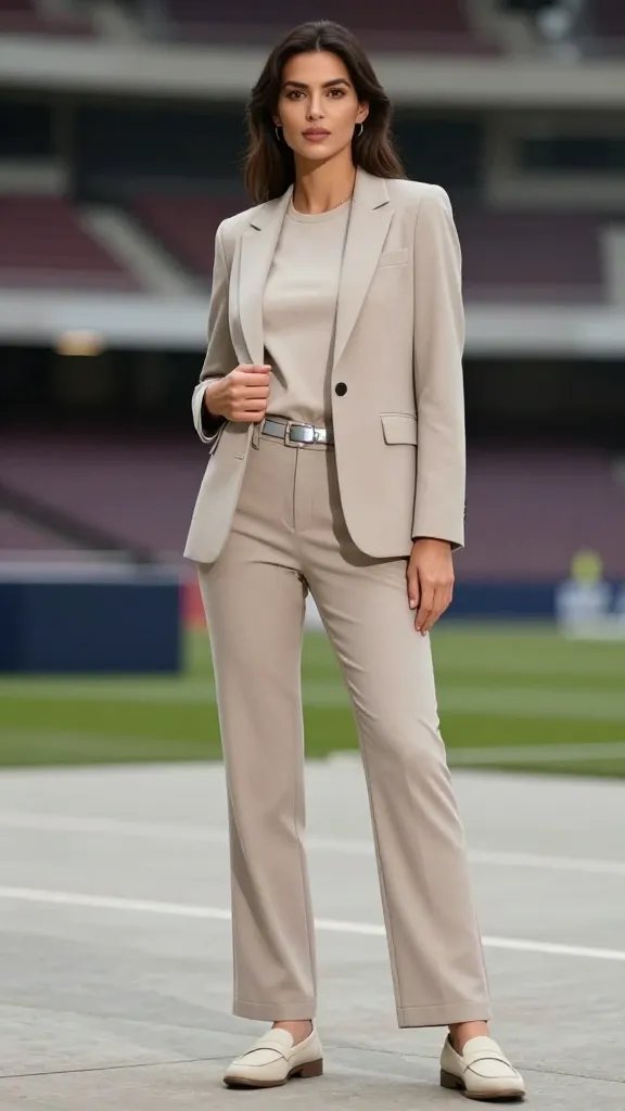 A high-resolution, lifelike fashion editorial shot of a stylish woman standing in a modern stadium concourse with soft ambient lighting. She wears a tailored neutral blazer over a simple crewneck tee (color matched to a subtle team hue optional), tucked in to emphasize a polished silhouette. She pairs this with stretchy wide-leg trousers and sleek slip-on loafers or minimal sneakers. The belt has a subtle, understated shine. The look exudes business-casual meets stadium swagger, balanced and effortlessly put-together. The subject gazes confidently at the camera, one hand lightly adjusting the blazer, the other resting at her side. The background shows blurred stadium seating and muted team colors, with a shallow depth of field to keep the focus on her polished outfit. No text on the image.
